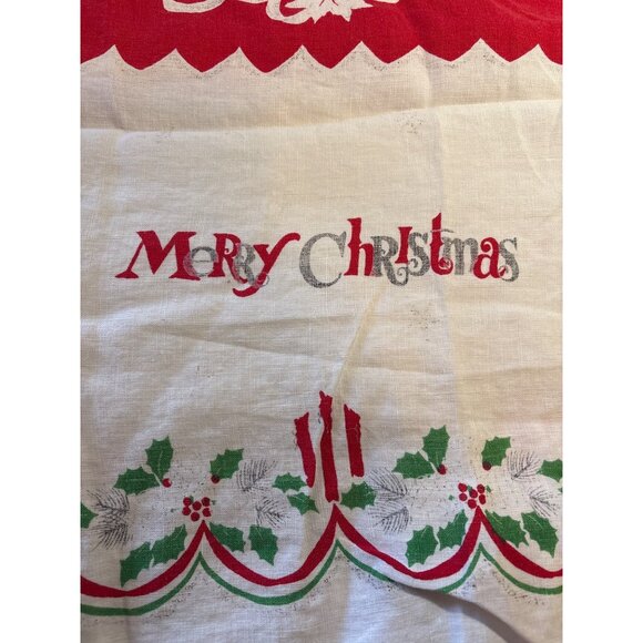 Vtg Christmas Tablecloth Round Red White Merry Christmas Candles Holly Tree 56" - Picture 3 of 12